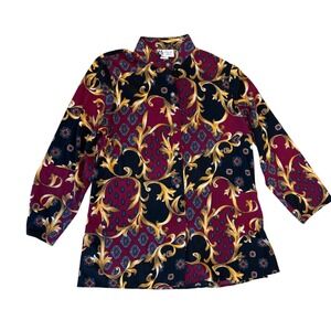 Maggie Sweet Womens Baroque Print Button Up Blouse Burgundy Gold Black Size M